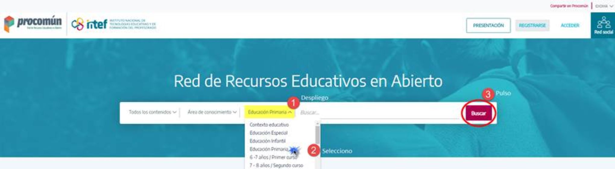 Acceso al buscador de recursos educativos abiertos (Procomún)